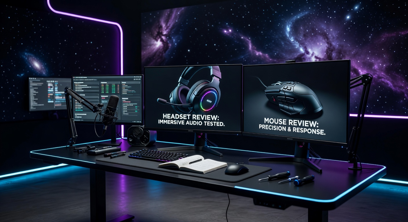 CosmicGamesHub editorial workspace with monitors showing gear reviews in a dark studio with cosmic neon lighting