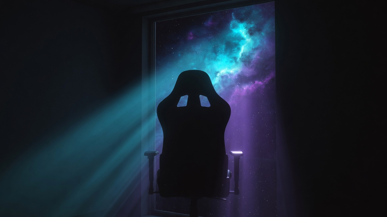 Empty racing-style gaming chair silhouetted against a nebula window