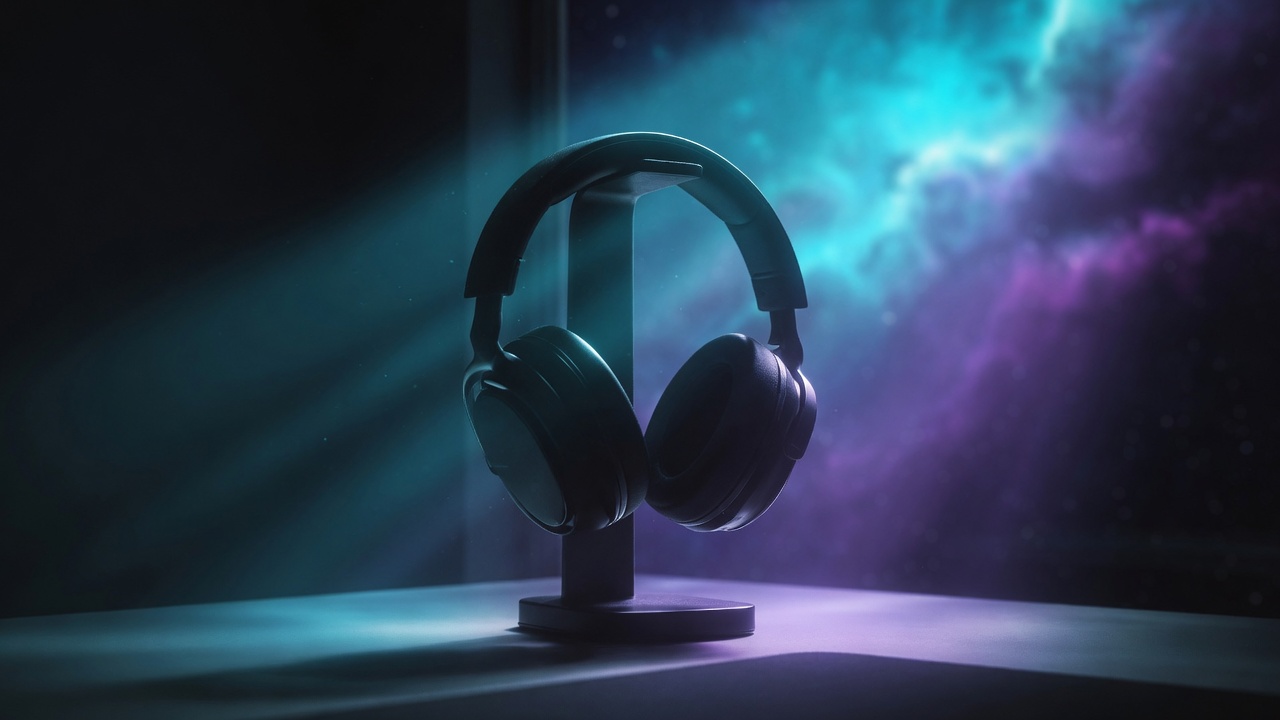 Anonymous gaming headset on a stand, rim-lit by a cyan-violet nebula