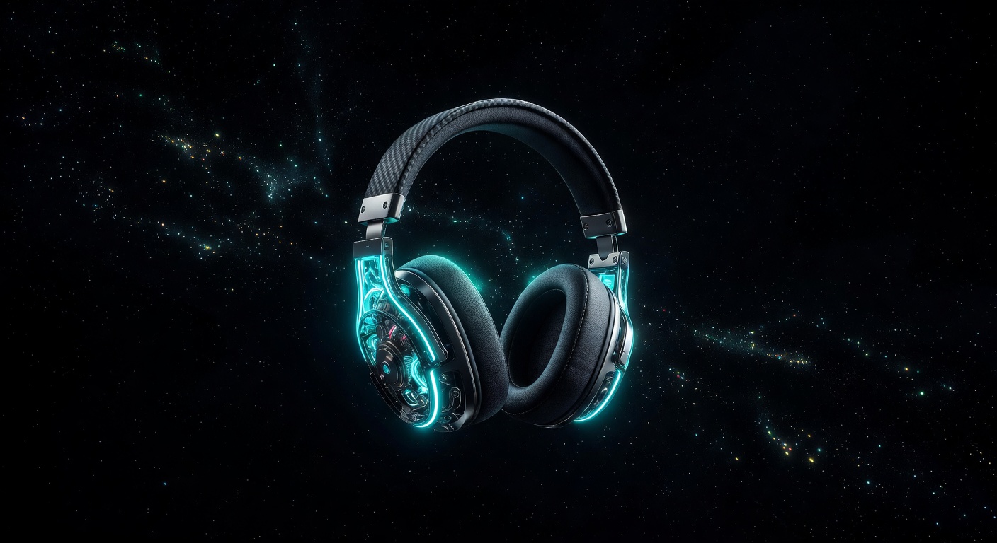 Gaming headset floating in space with cyan glow