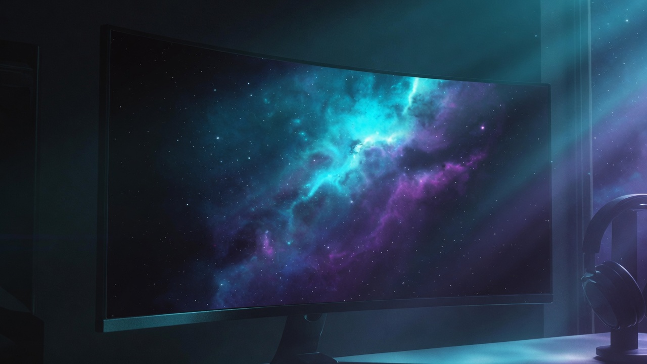 Anonymous ultrawide monitor reflecting a cyan-violet nebula