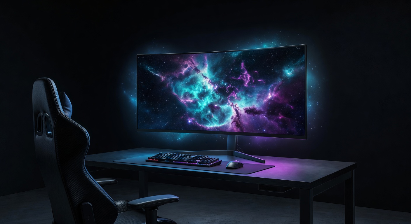 Ultrawide curved gaming monitor with space nebula setup