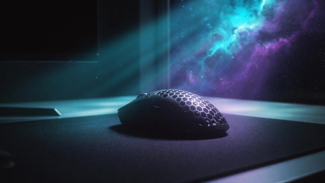 Anonymous lightweight honeycomb gaming mouse on a dark pad