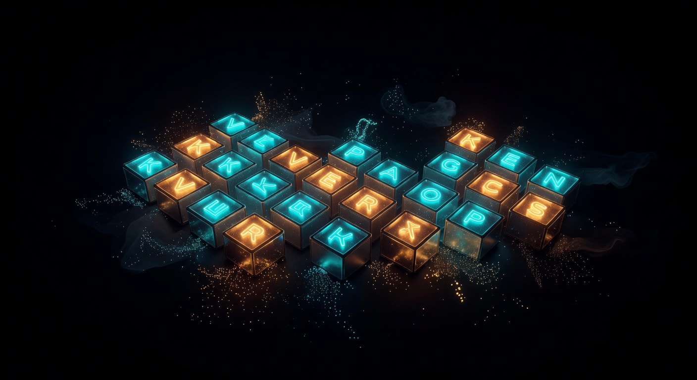 Pixle — 3D isometric letter tiles in cyan and amber neon