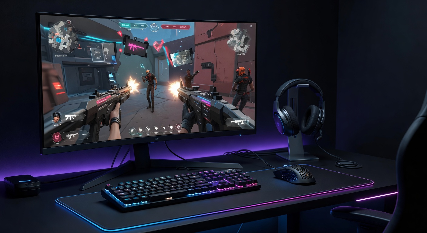 Competitive FPS gaming setup — high-refresh monitor, ultralight mouse, mechanical keyboard, gaming headset