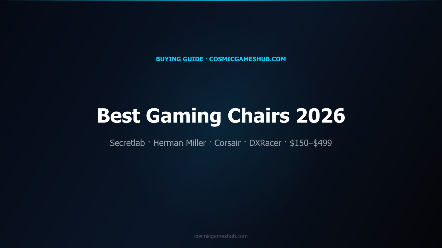 Best gaming chairs 2026 — five picks from $150 to $499 lined up on a gaming setup background