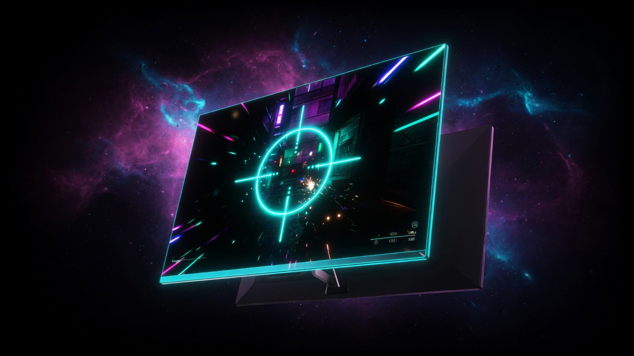 OLED gaming monitor with true blacks in a cosmic studio